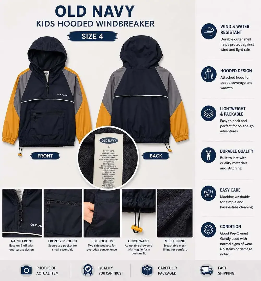 Old Navy Kids Hooded Colorblock 1/4 Zip Windbreaker, Size 4